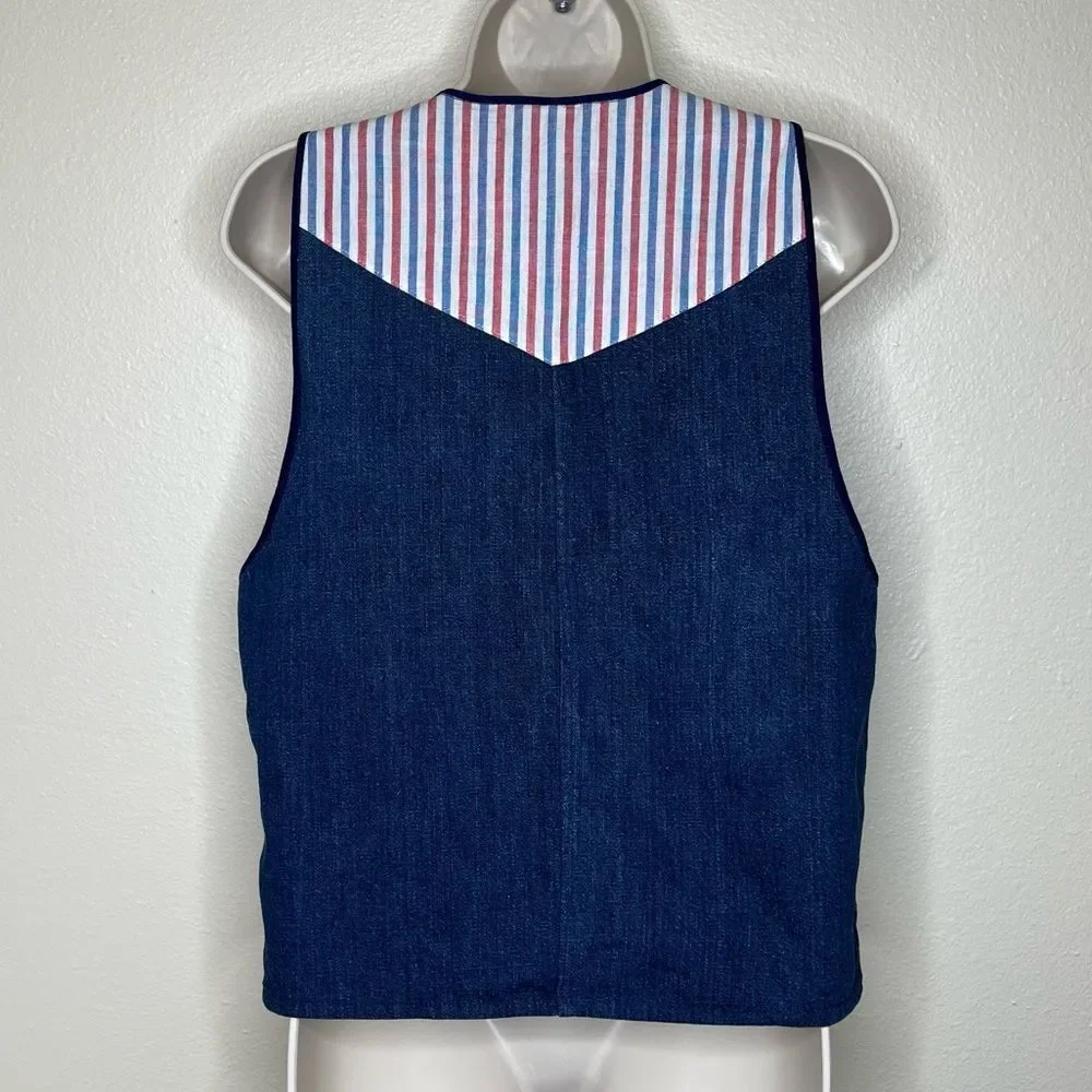 Vintage Handmade Blue Denim Western Two Button Vest Stripe Contrast Women Medium